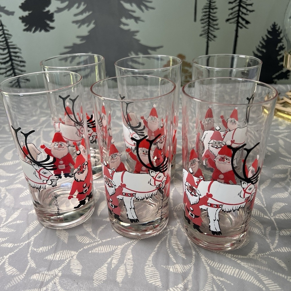 Georges Briard Waving Santa Reindeer Drinking Glasses 5-1/2" Tall 12oz Lot‎ of 6